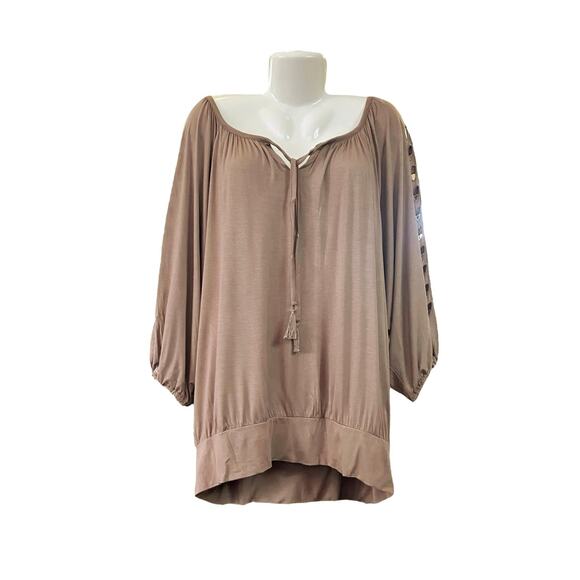 Chelsea & Theodore Tops - Chelsea & Theodore Women's Camel Brown Split Neck 3/4 Sleeves Tunic | Size 3X